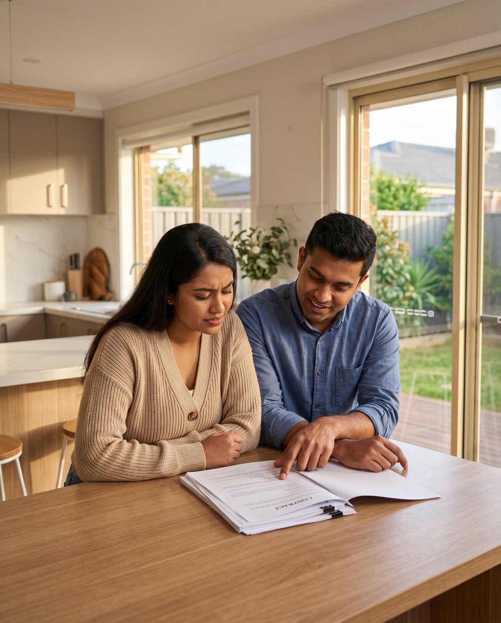 A young Bangladeshi Australian couple reading a property contract together at a kitchen island in their new suburban Sydney home