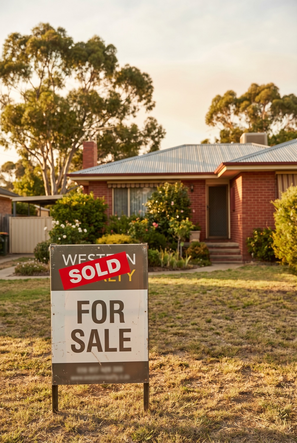 Sold sign in front of a suburban NSW home with a family waving goodbye